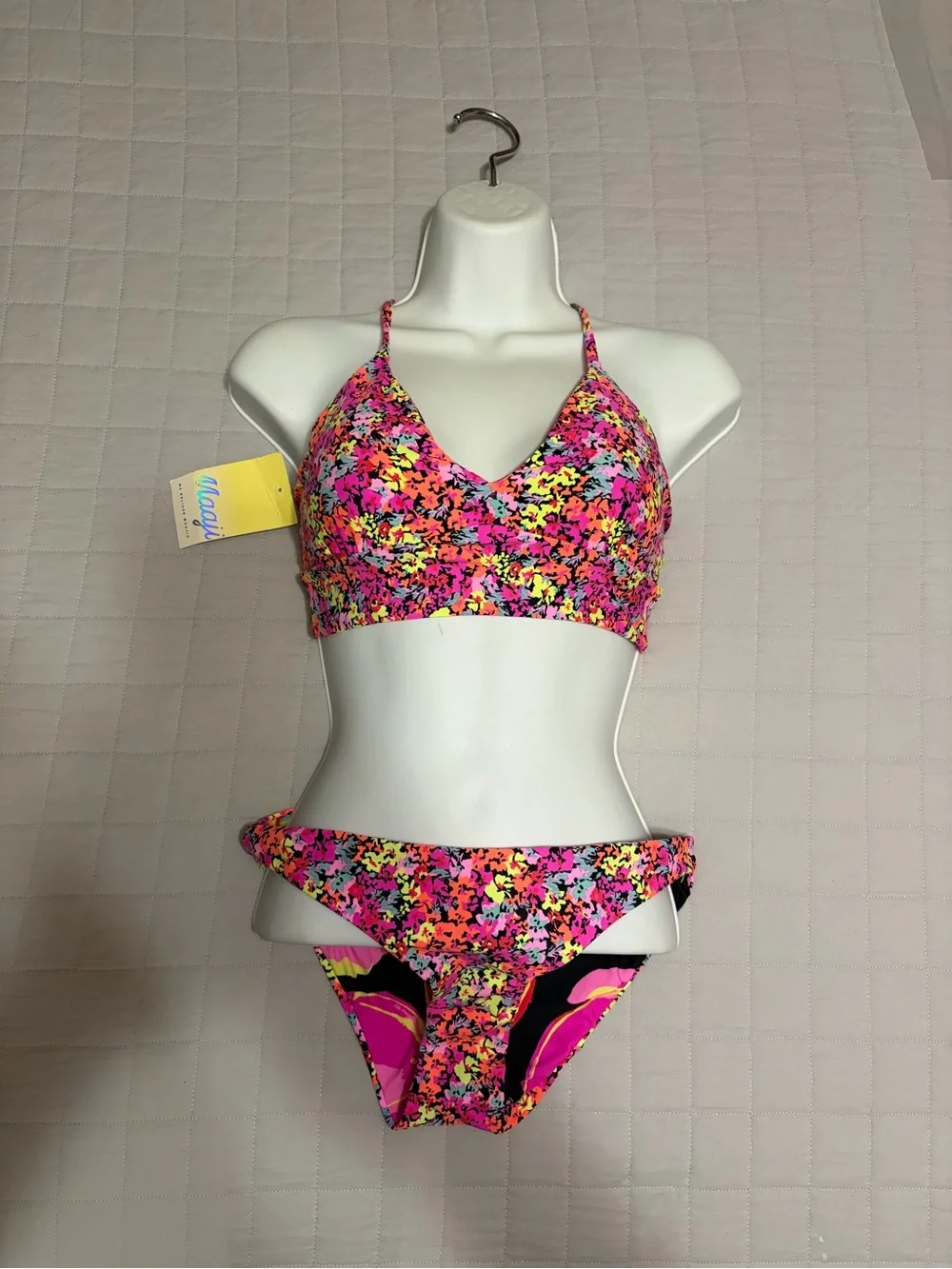 Maaji “Pansy” Reversible Tie Back Bikini Set Neon Pink•Yellow•Coral•Black- M